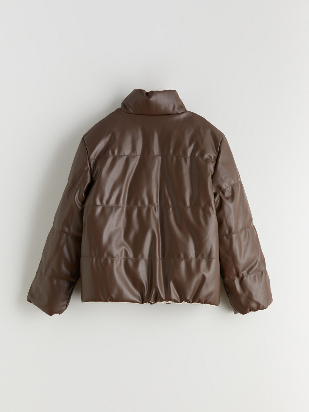 Ekru Deri Görünümlü Kız Çocuk Çift Taraflı Mont-8