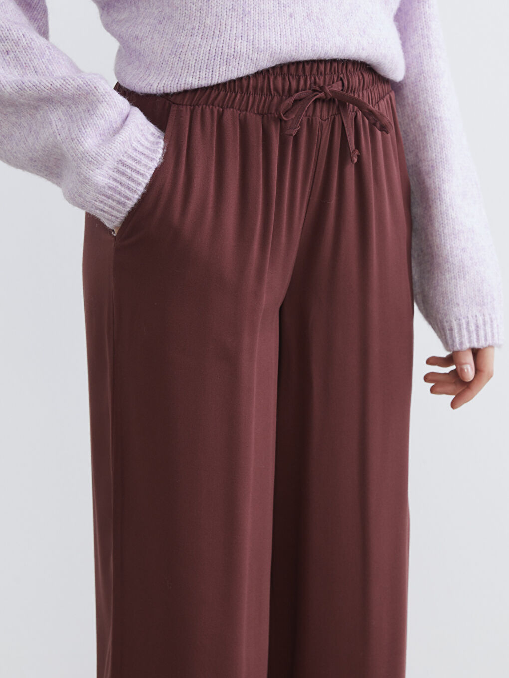 Bordo Beli Lastikli Geniş Paça Kadın Pantolon-2
