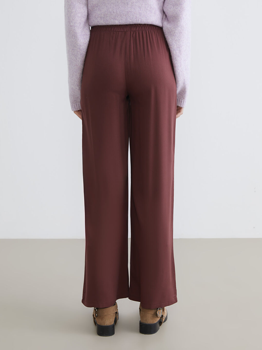 Bordo Beli Lastikli Geniş Paça Kadın Pantolon-3