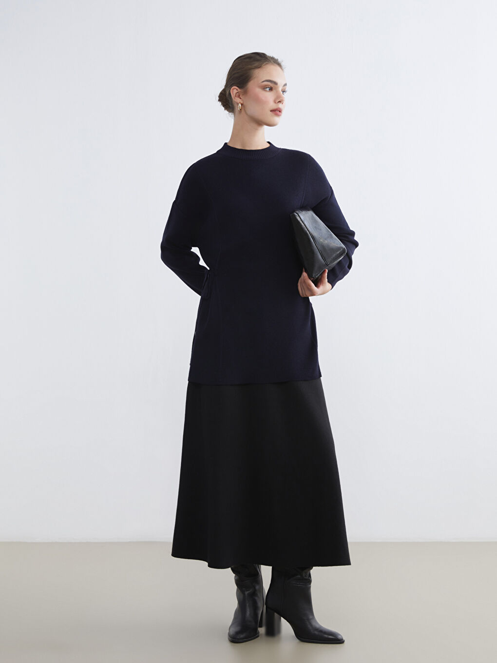 Lacivert Dik Yaka Oversize Kadın Triko Tunik-1