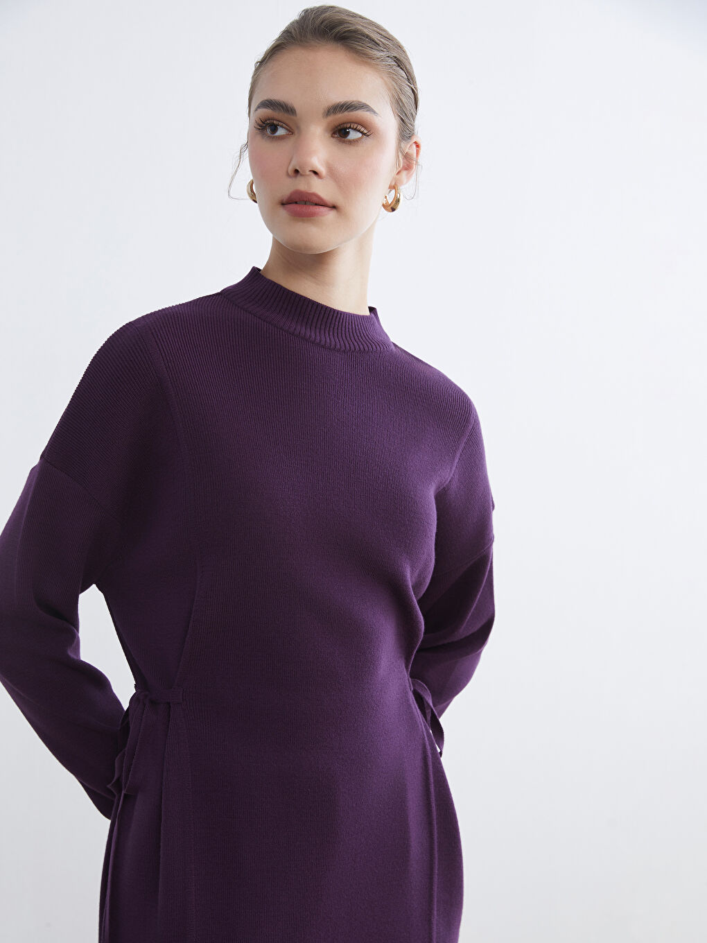 Mor Dik Yaka Oversize Kadın Triko Tunik