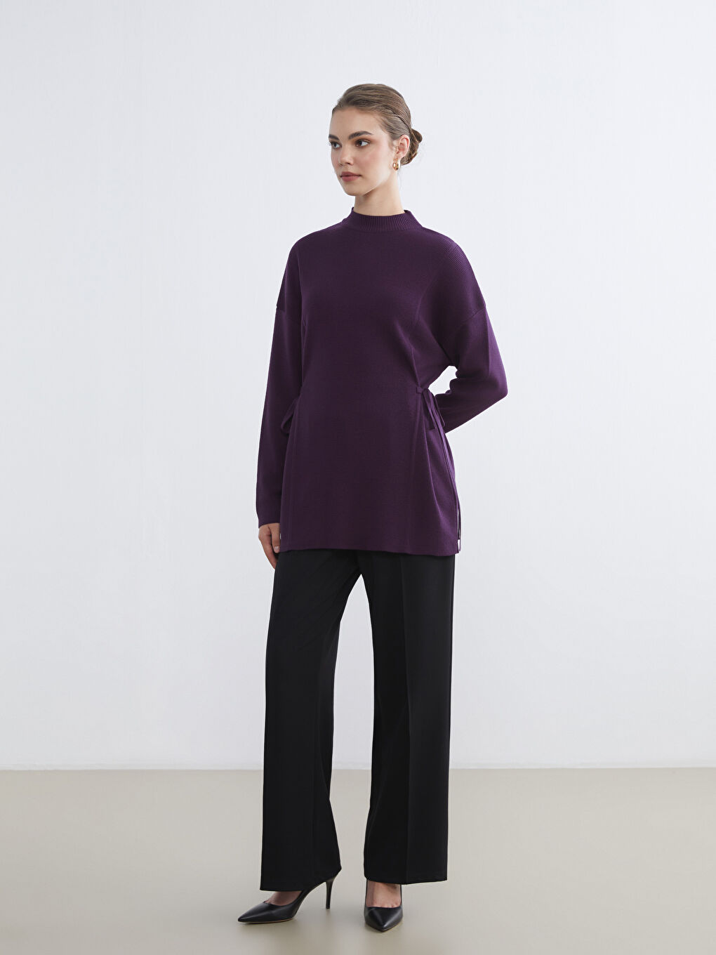 Mor Dik Yaka Oversize Kadın Triko Tunik-1