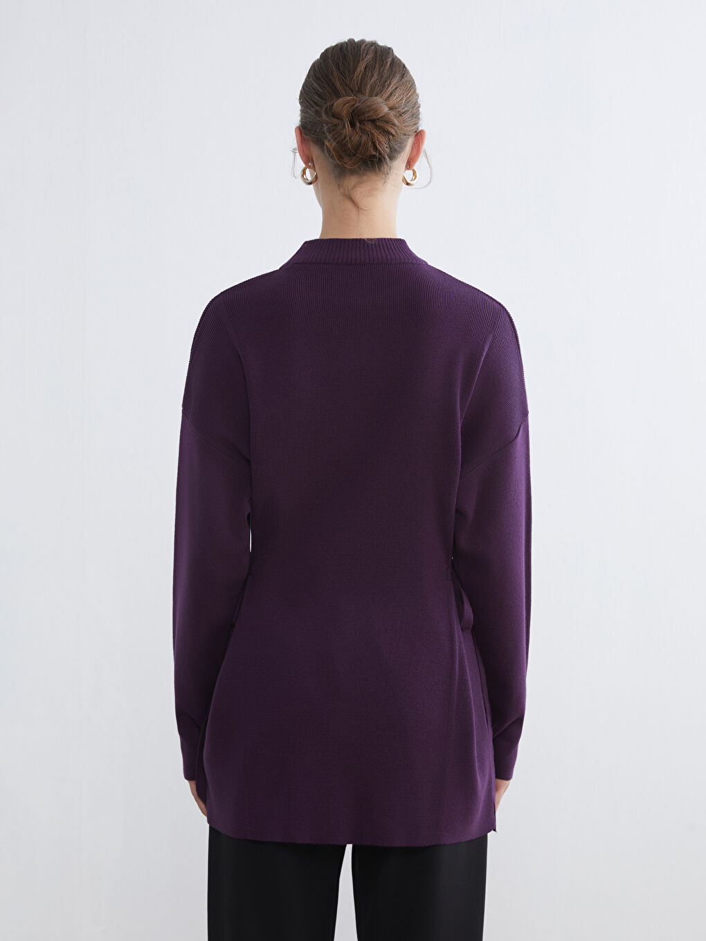 Mor Dik Yaka Oversize Kadın Triko Tunik-3