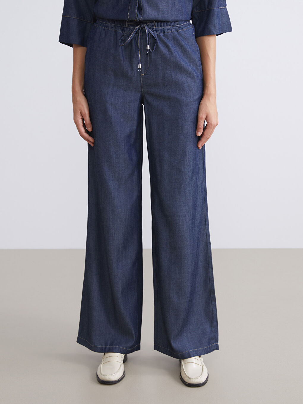 İndigo Beli Lastikli Wideleg Kadın Jean Pantolon-1