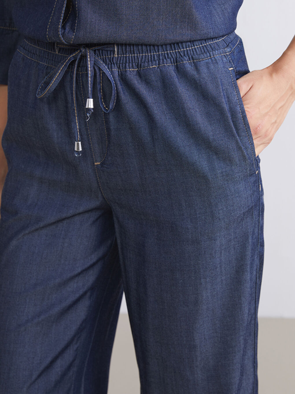 İndigo Beli Lastikli Wideleg Kadın Jean Pantolon-2