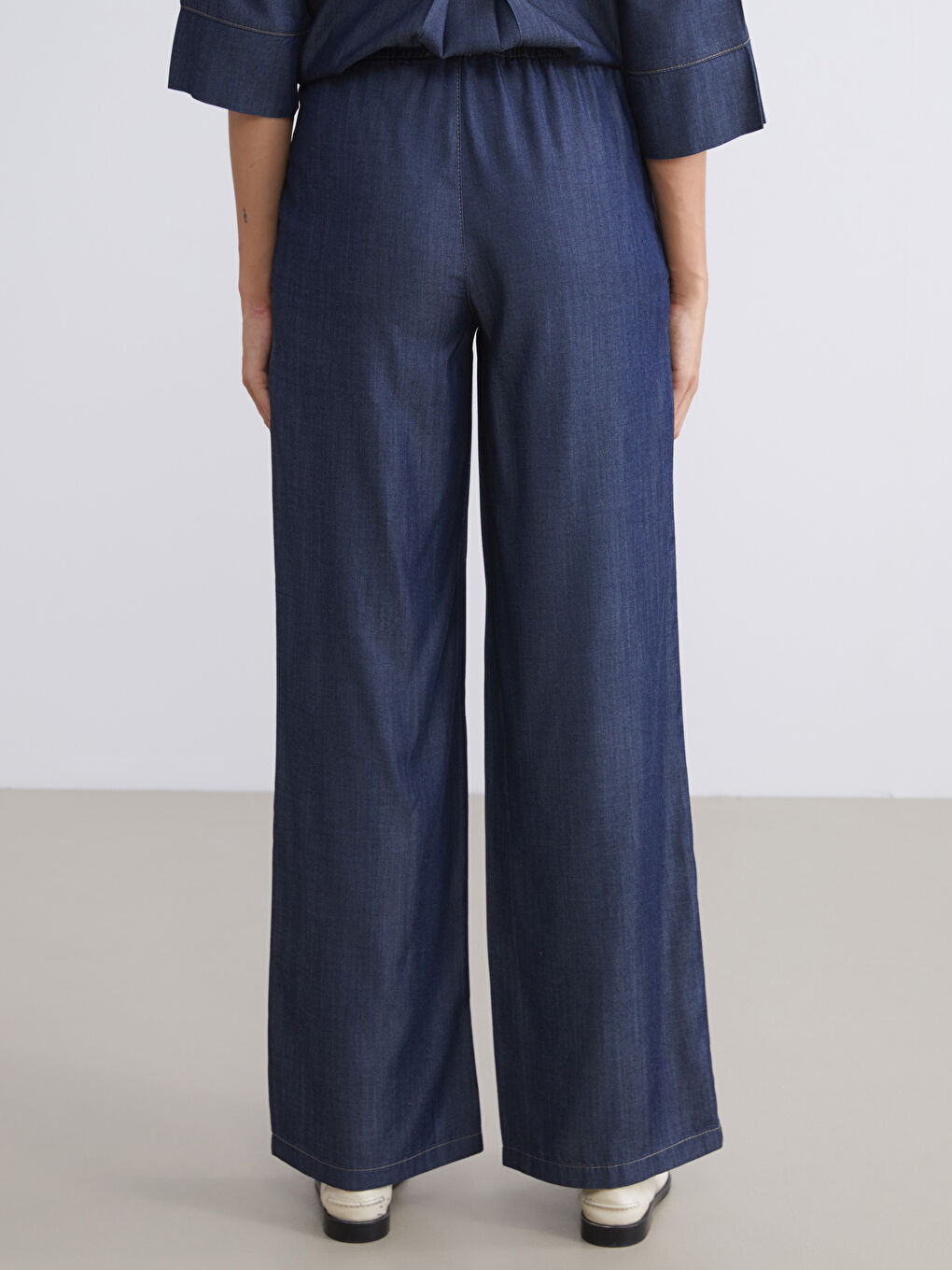 İndigo Beli Lastikli Wideleg Kadın Jean Pantolon-3