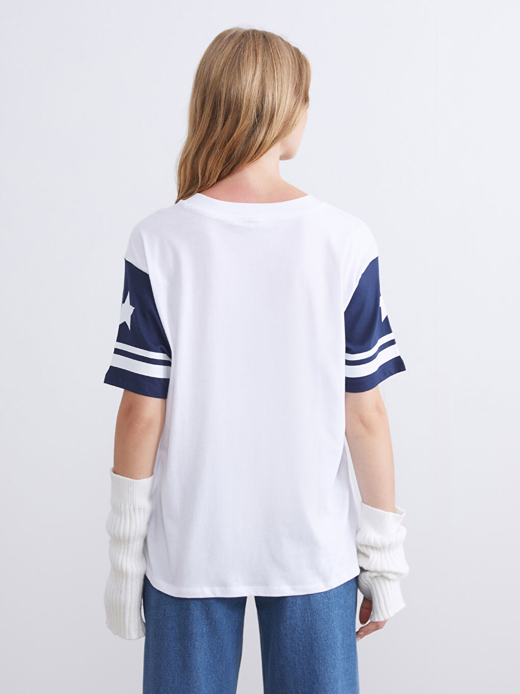 Lacivert V Yaka New York Baskılı Oversize Kadın Tişört-3