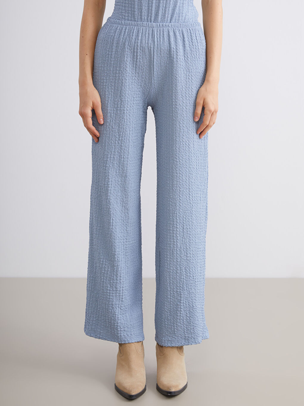 İndigo Beli Lastikli Dokulu Kadın Pantolon-1