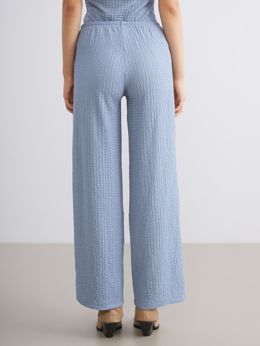 İndigo Beli Lastikli Dokulu Kadın Pantolon-3