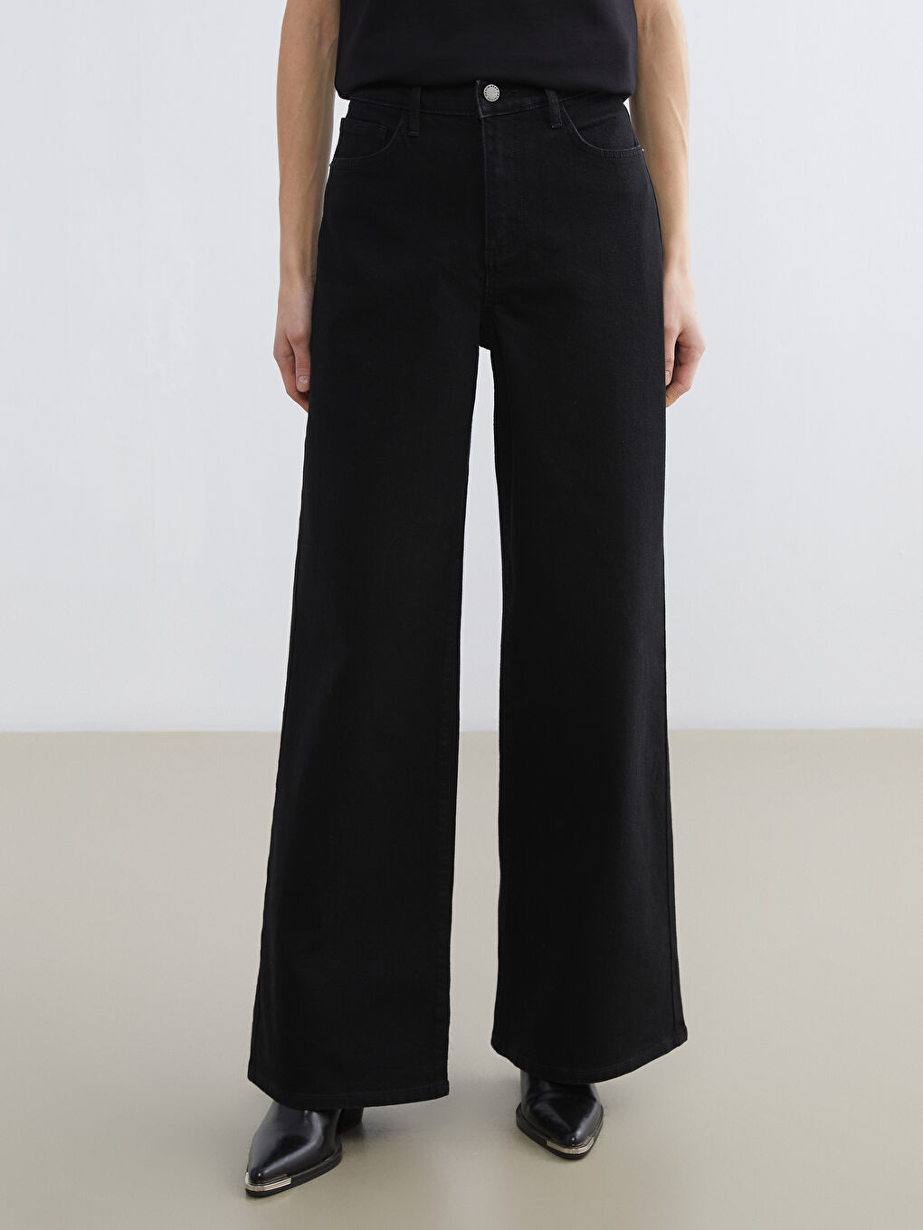Siyah Wideleg Kadın Jean Pantolon-1