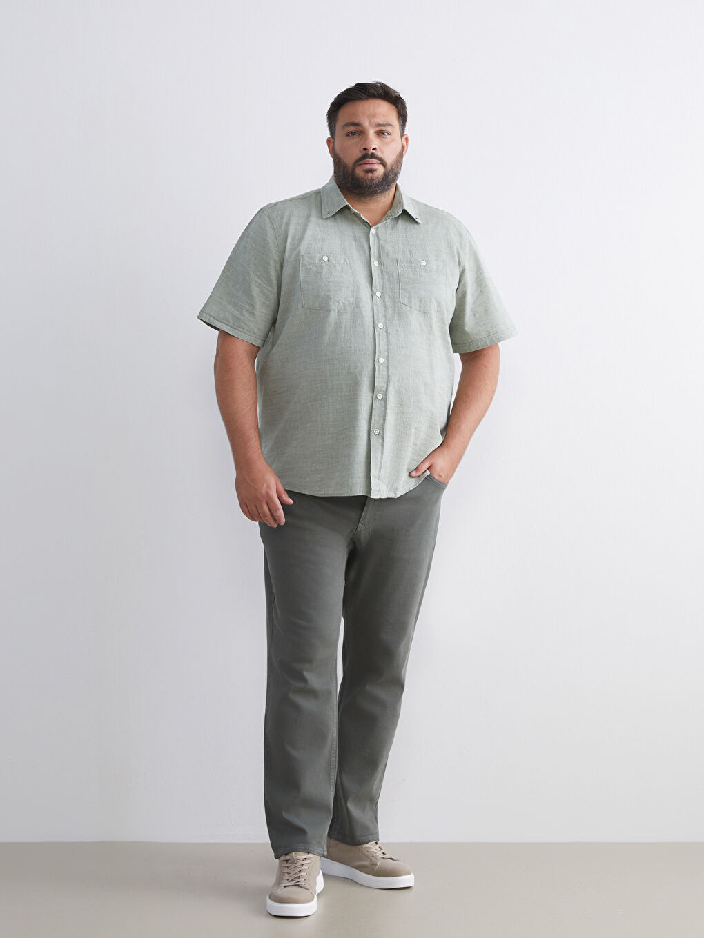 Haki Büyük Beden Regular Fit Kısa Kollu Erkek Gömlek-1