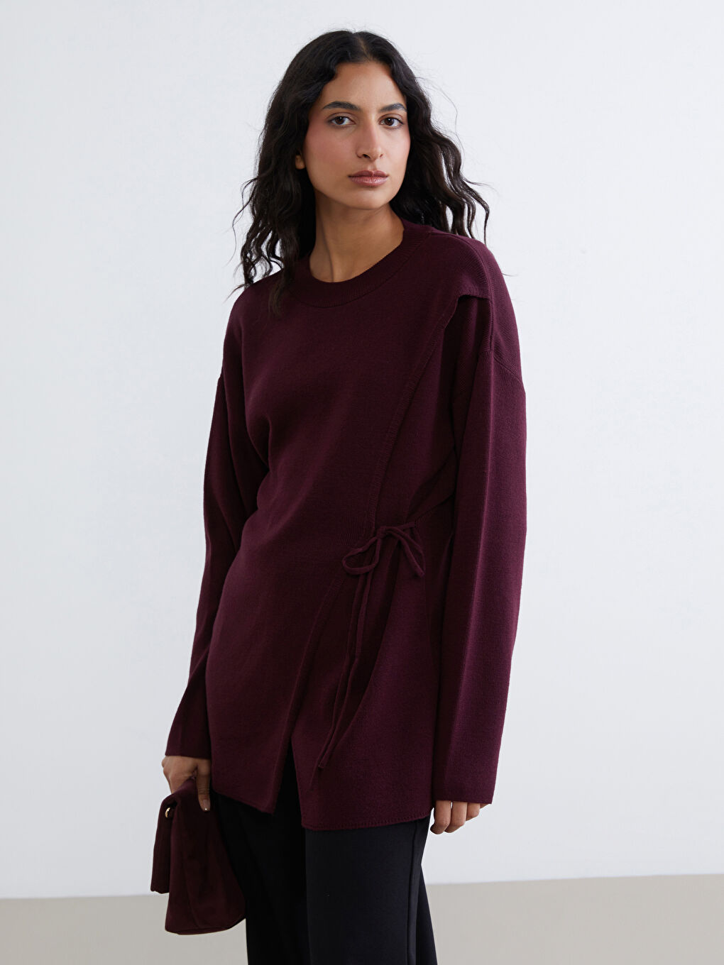 Bordo Bisiklet Yaka Bağlama Detaylı Kadın Triko Tunik