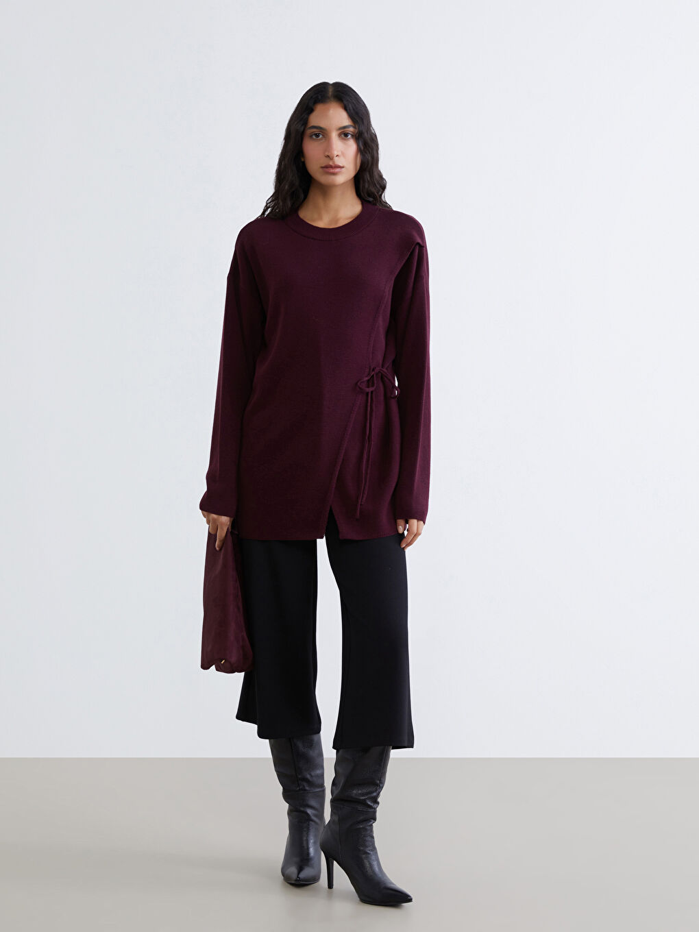 Bordo Bisiklet Yaka Bağlama Detaylı Kadın Triko Tunik-1