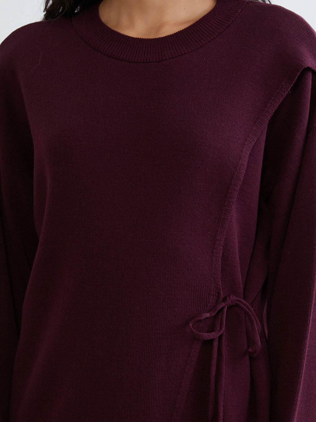 Bordo Bisiklet Yaka Bağlama Detaylı Kadın Triko Tunik-2