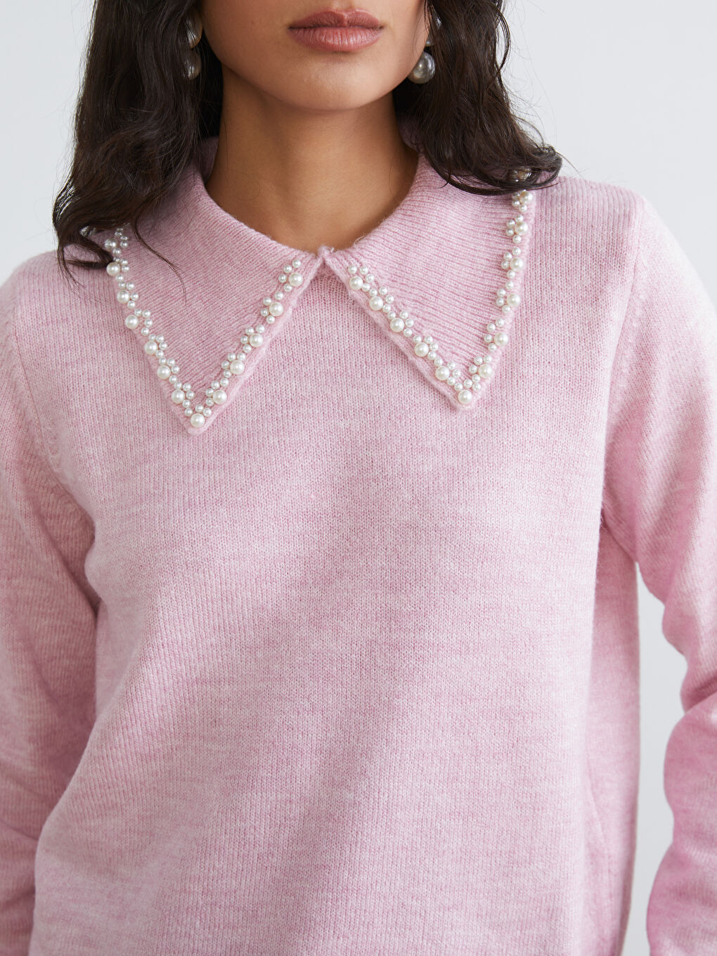 Pembe Bebe Yaka Boncuk İşlemeli Kadın Triko Kazak-2