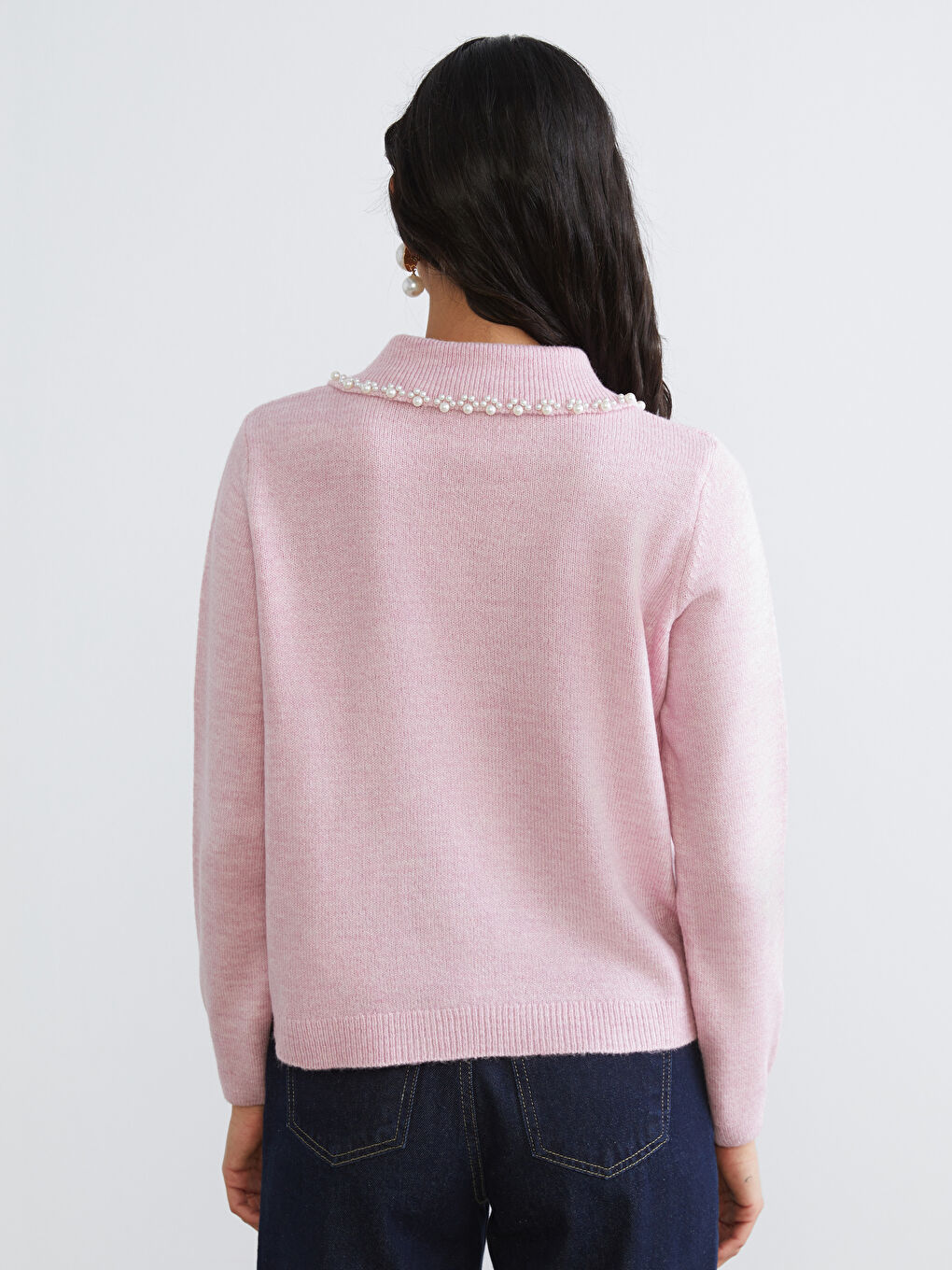 Pembe Bebe Yaka Boncuk İşlemeli Kadın Triko Kazak-3