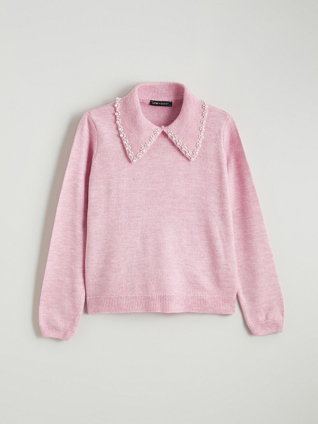 Pembe Bebe Yaka Boncuk İşlemeli Kadın Triko Kazak-4