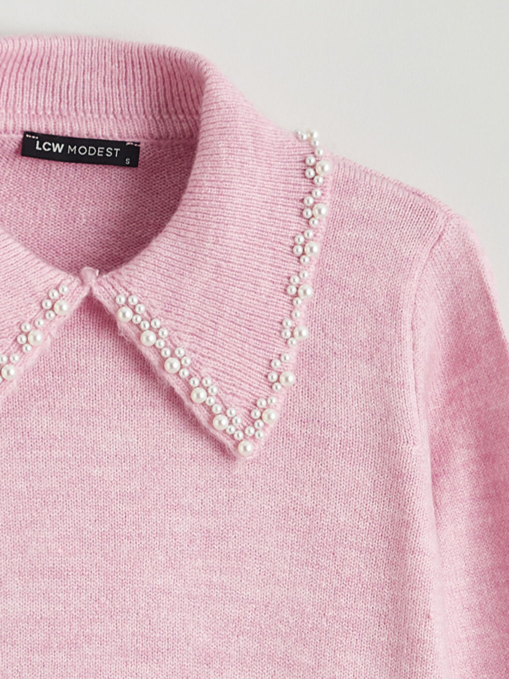 Pembe Bebe Yaka Boncuk İşlemeli Kadın Triko Kazak-5