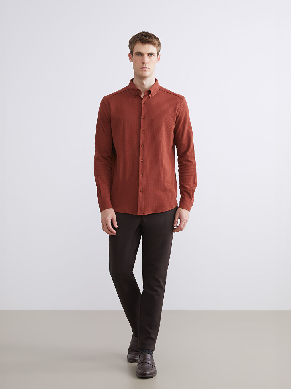 Kahverengi Slim Fit Uzun Kollu Erkek Gömlek-1