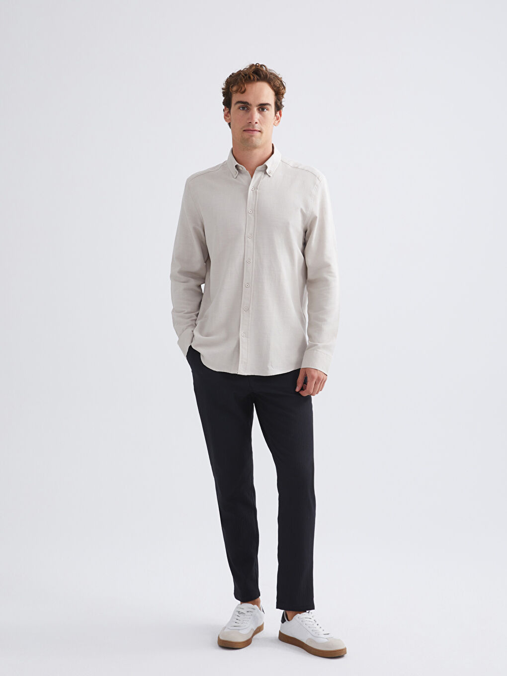 Bej Regular Fit Uzun Kollu Armürlü Erkek Gömlek-1