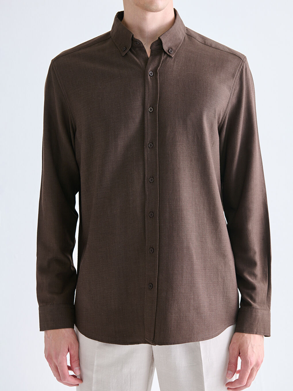 Kahverengi Regular Fit Uzun Kollu Armürlü Erkek Gömlek-2