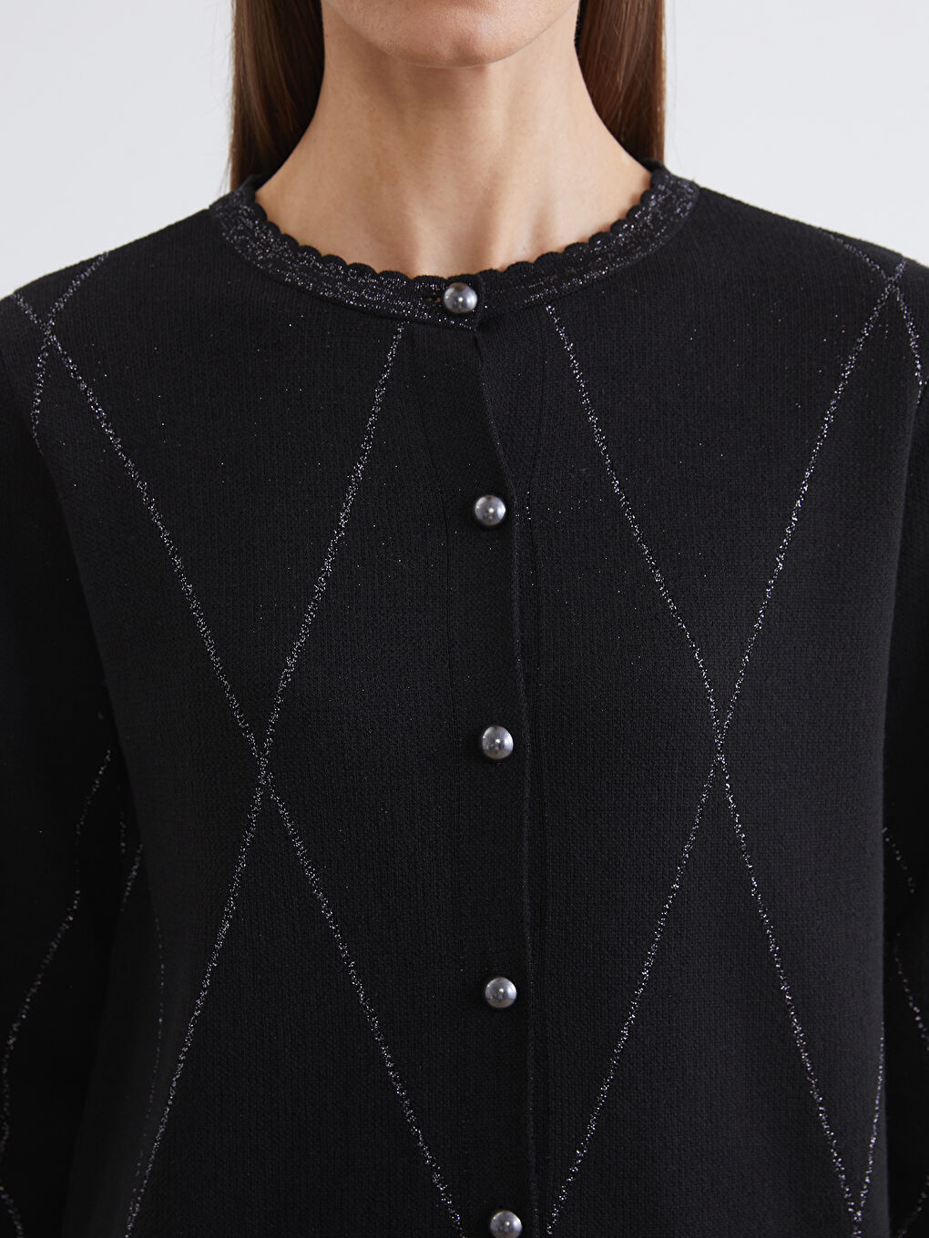 Siyah Bisiklet Yaka Baklava Desenli Kadın Triko Hırka-2