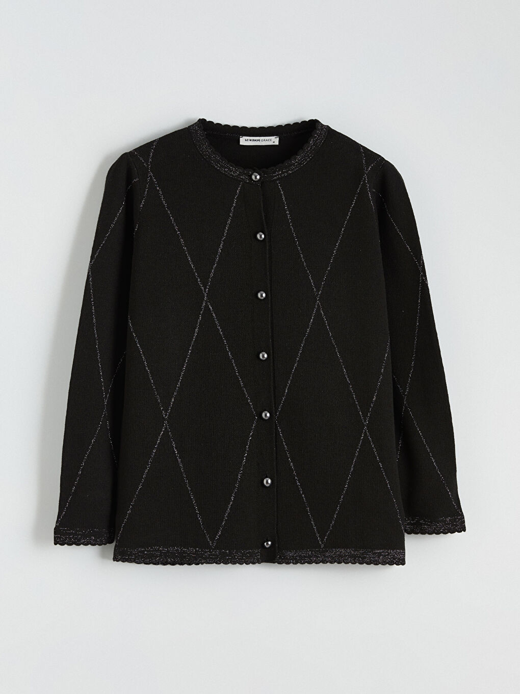 Siyah Bisiklet Yaka Baklava Desenli Kadın Triko Hırka-4