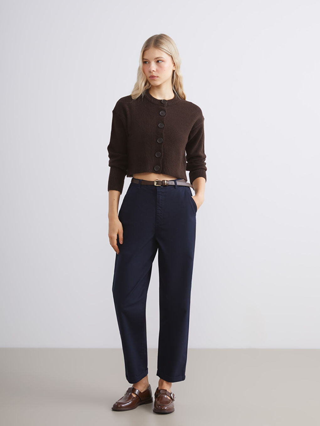 Belted High Waisted Carrot Fit Women's Trousers