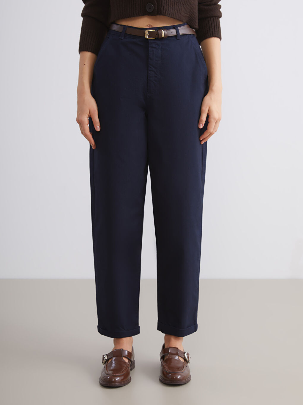 Belted High Waisted Carrot Fit Women's Trousers-1