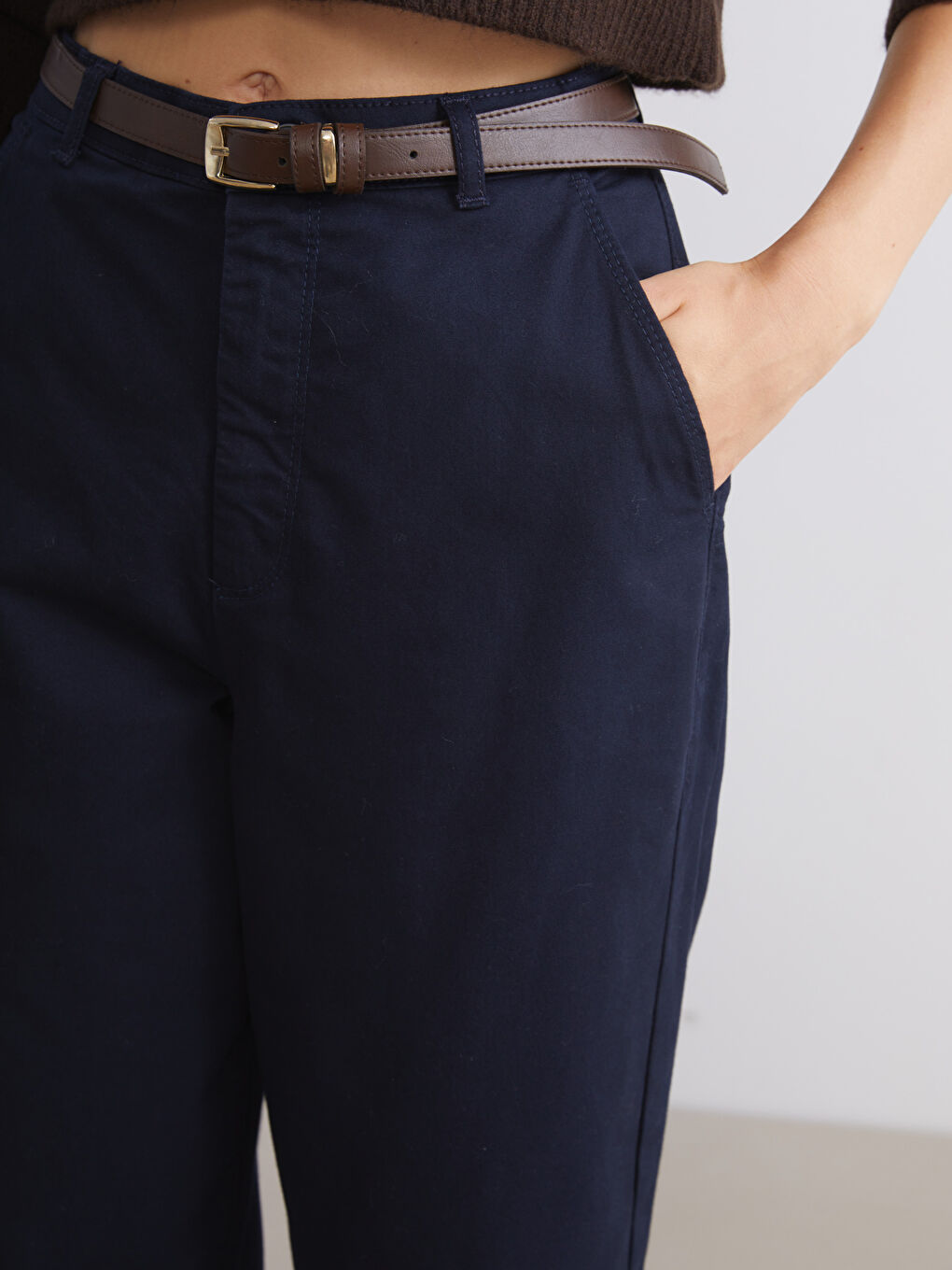 Belted High Waisted Carrot Fit Women's Trousers-2