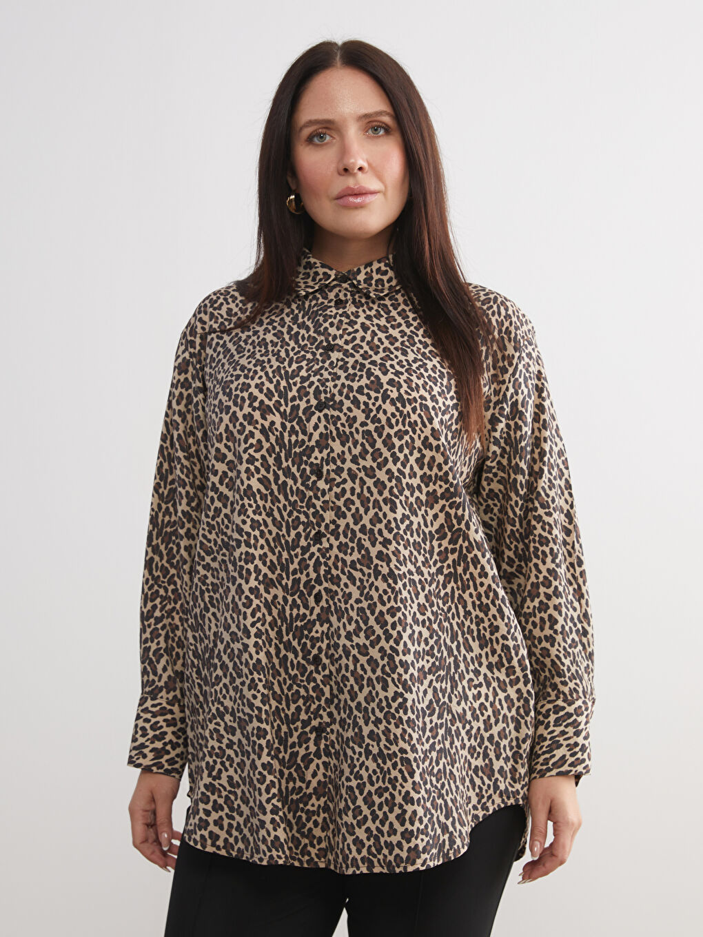 Kahverengi Modal Karışımlı Leopar Desenli Kadın Gömlek Tunik-1