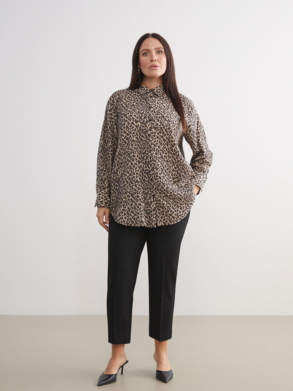 Kahverengi Modal Karışımlı Leopar Desenli Kadın Gömlek Tunik-5