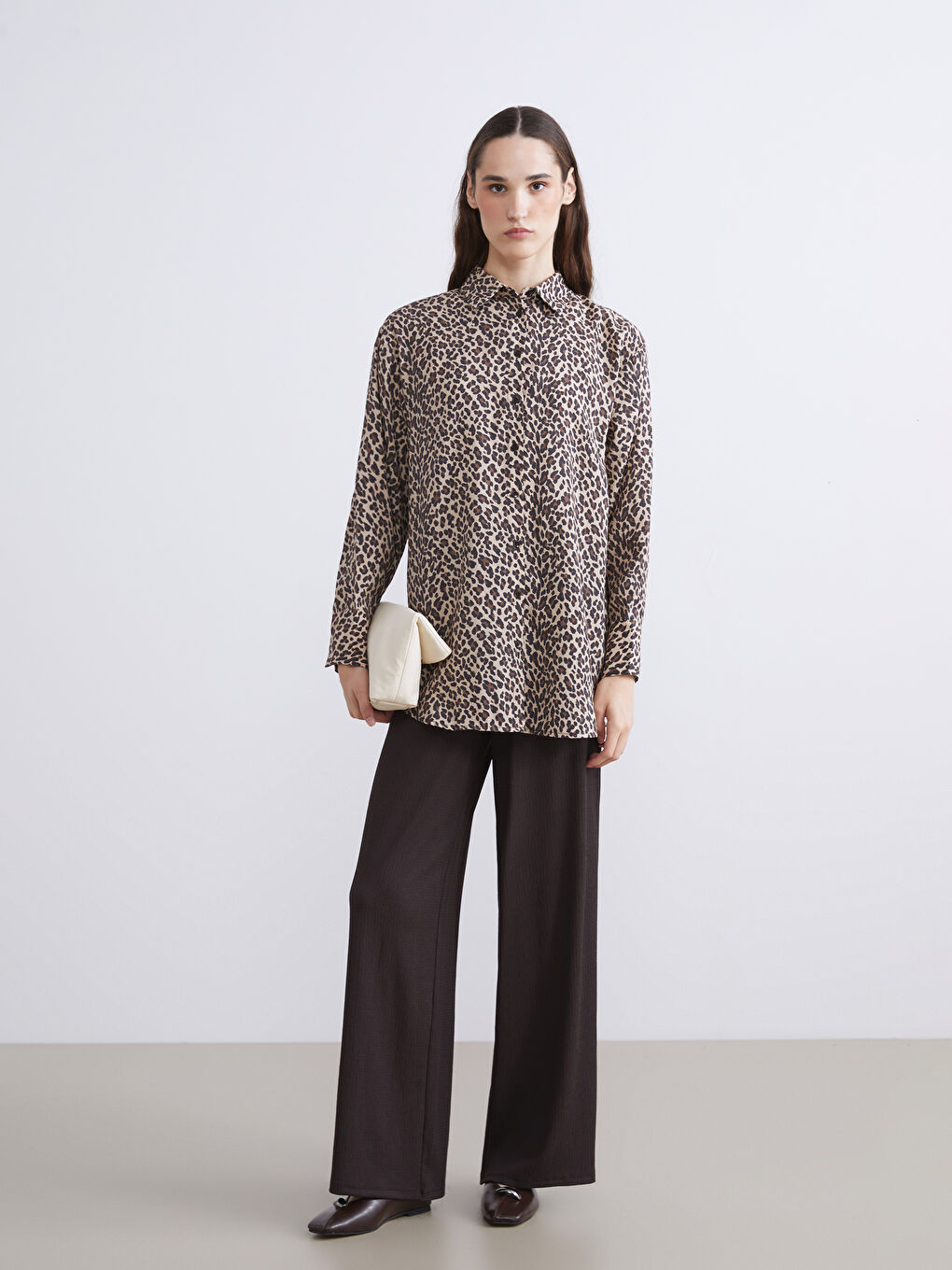 Kahverengi Modal Karışımlı Leopar Desenli Kadın Gömlek Tunik-2