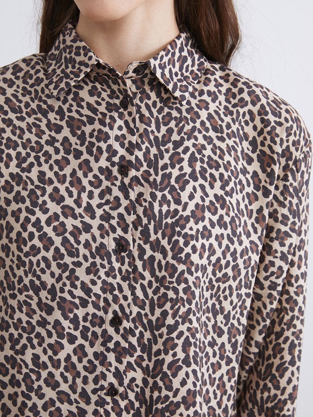 Kahverengi Modal Karışımlı Leopar Desenli Kadın Gömlek Tunik-3