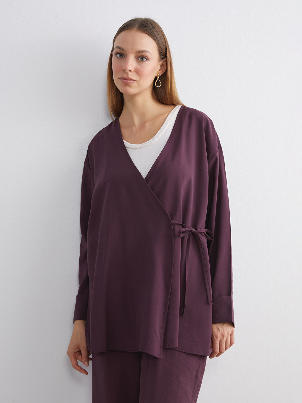 Mürdüm Kruvaze Yaka Kadın Kimono