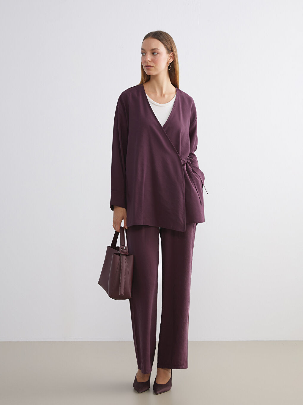 Mürdüm Kruvaze Yaka Kadın Kimono-1