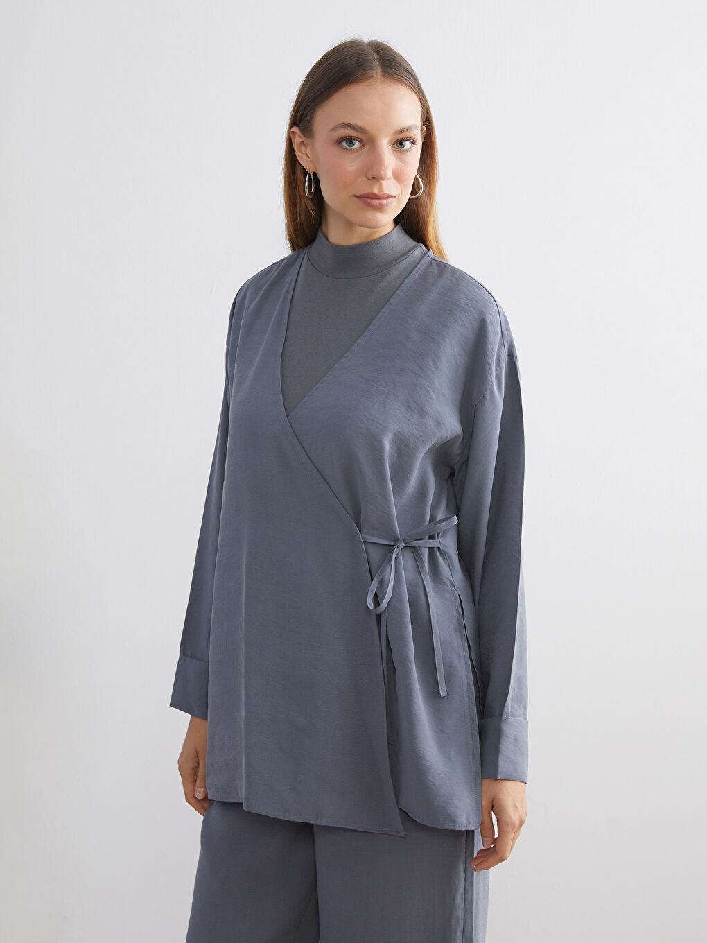 Gri Kruvaze Yaka Kadın Kimono-1