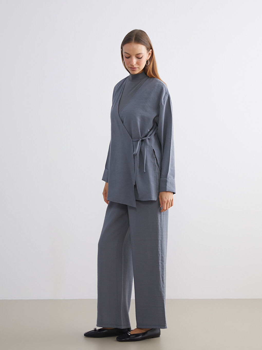 Gri Kruvaze Yaka Kadın Kimono-2