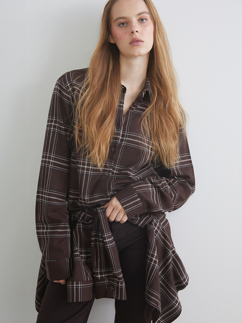 Kahverengi Ekose Kadın Gömlek