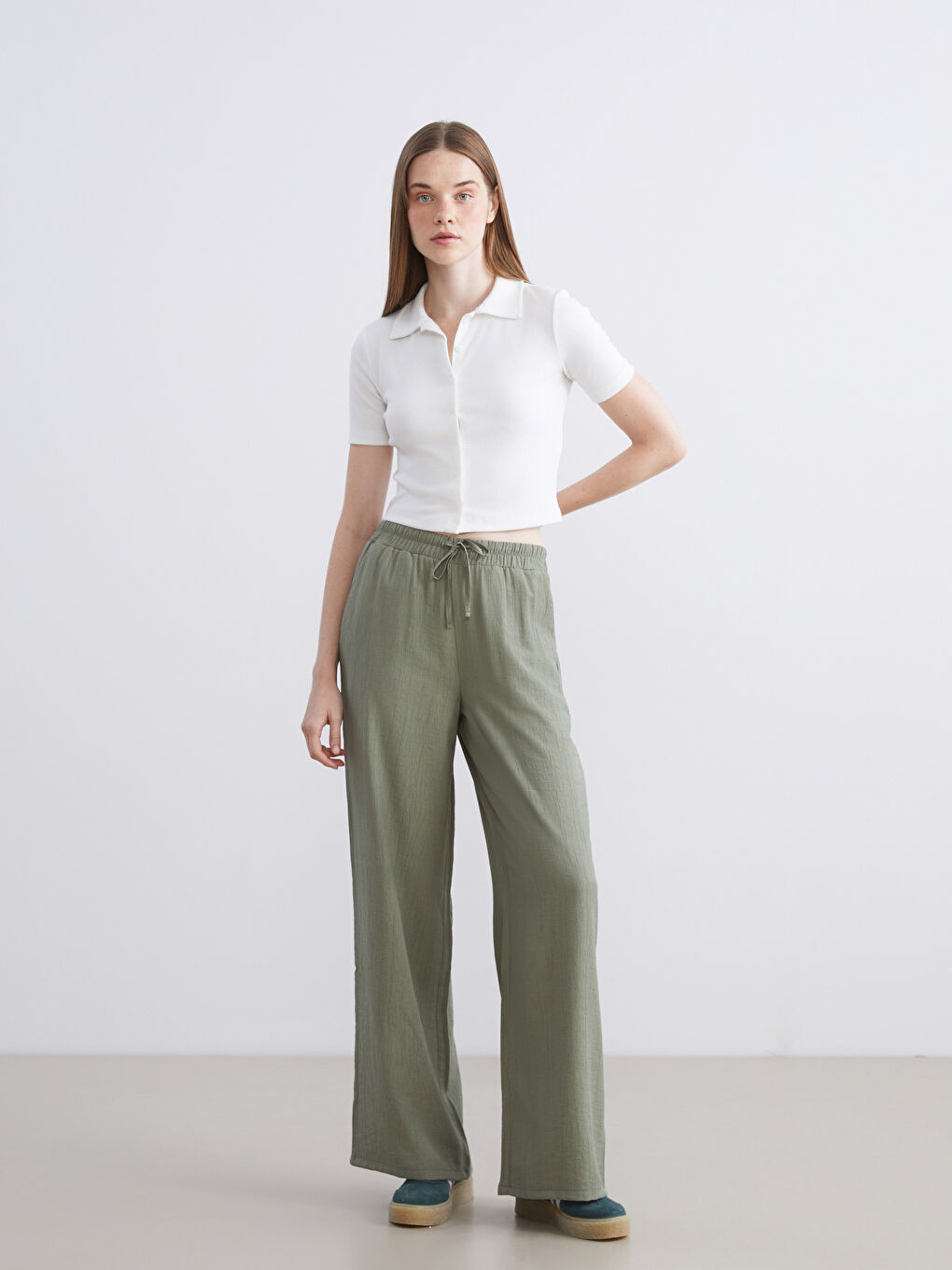 Elasticated Waist Textured Wide Leg Women's Trousers