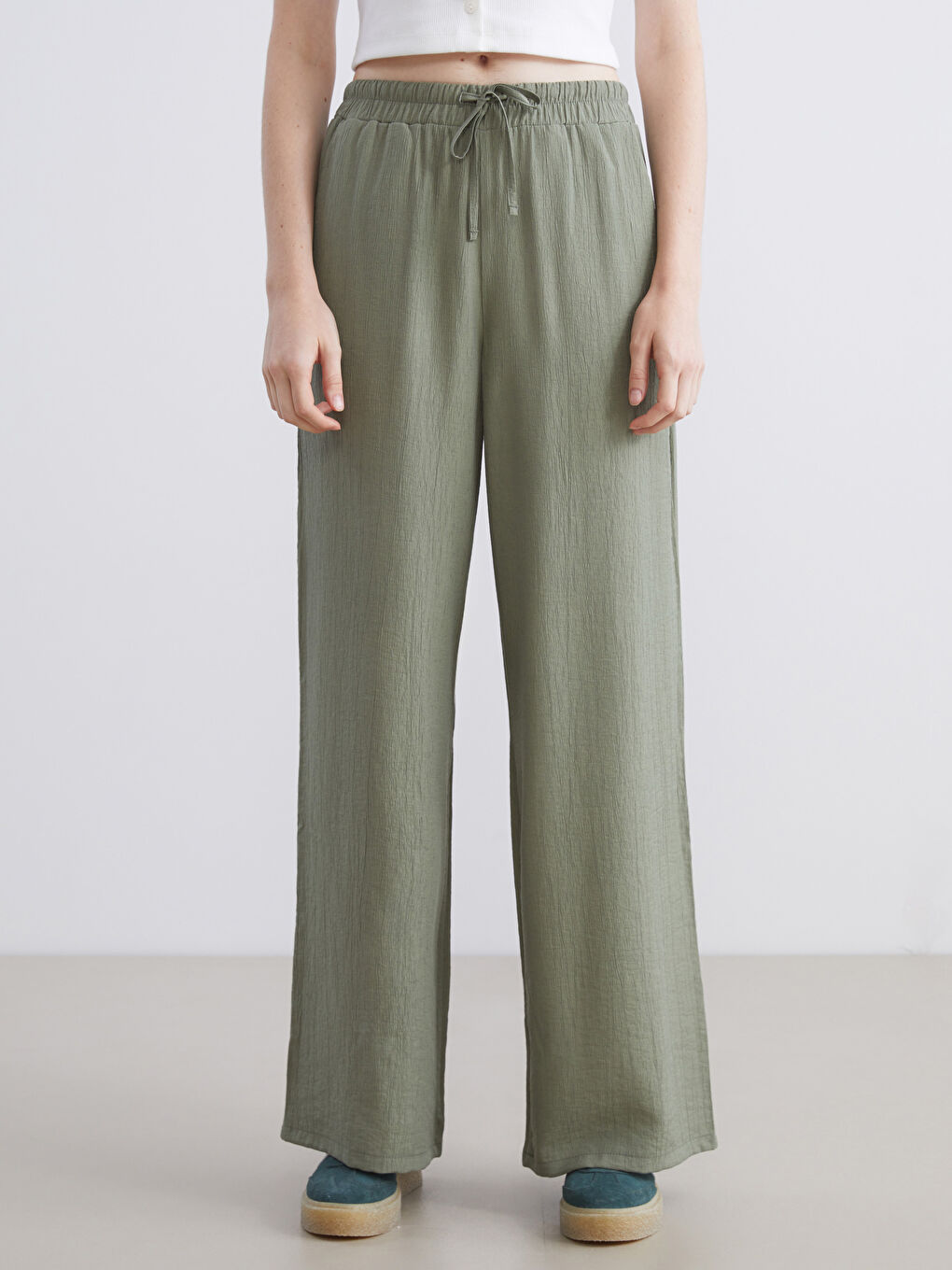 Elasticated Waist Textured Wide Leg Women's Trousers-1