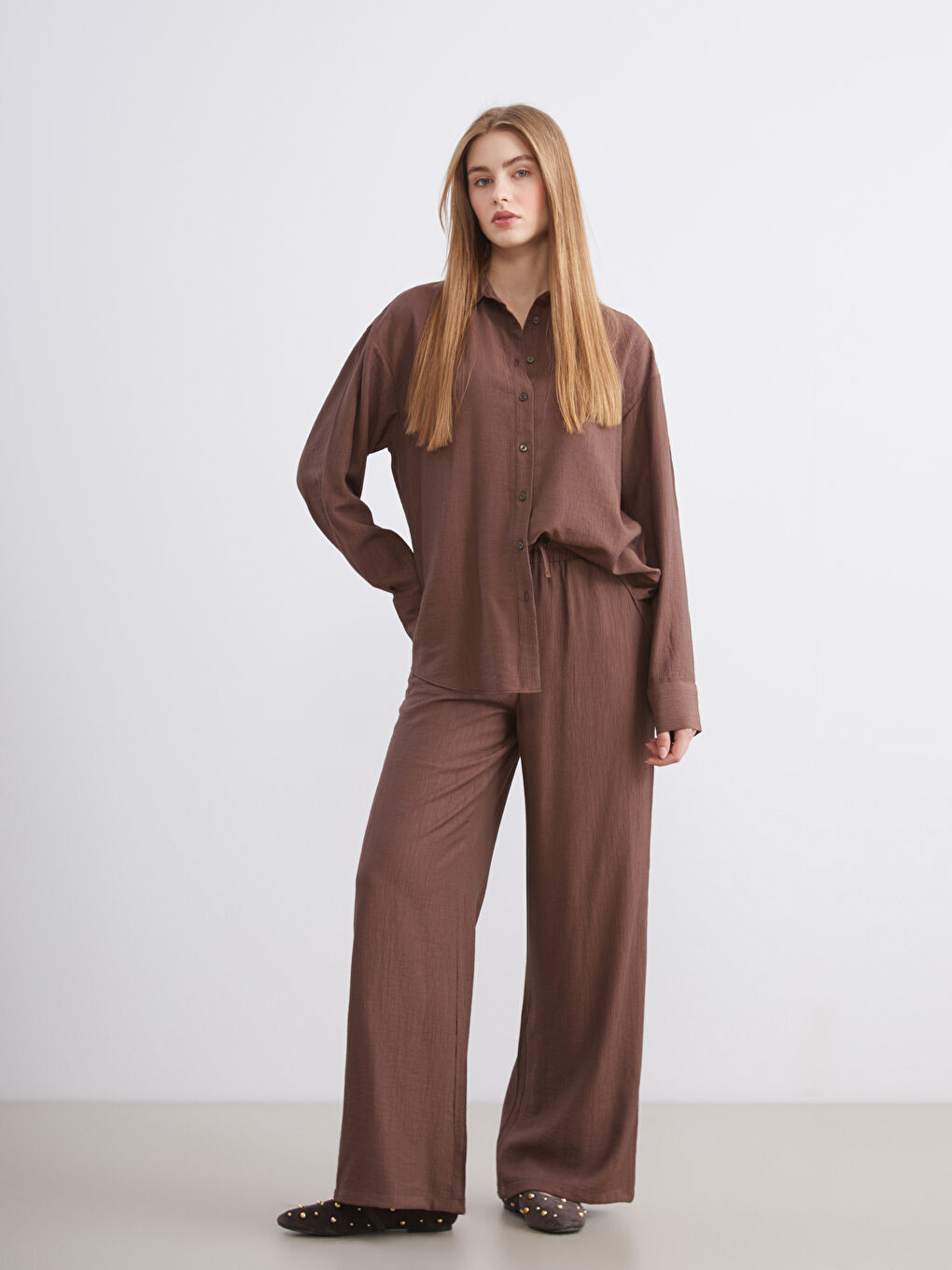 Elasticated Waist Textured Wide Leg Women's Trousers