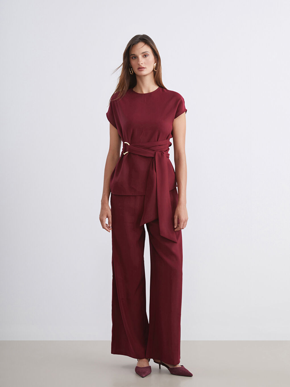 Bordo Bisiklet Yaka Kuşaklı Bluz-1