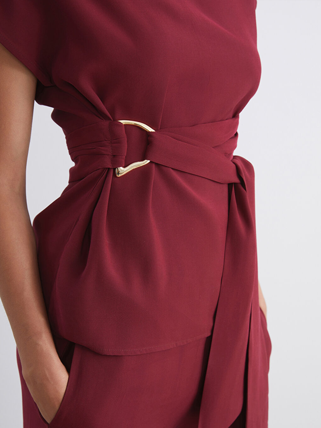 Bordo Bisiklet Yaka Kuşaklı Bluz-2