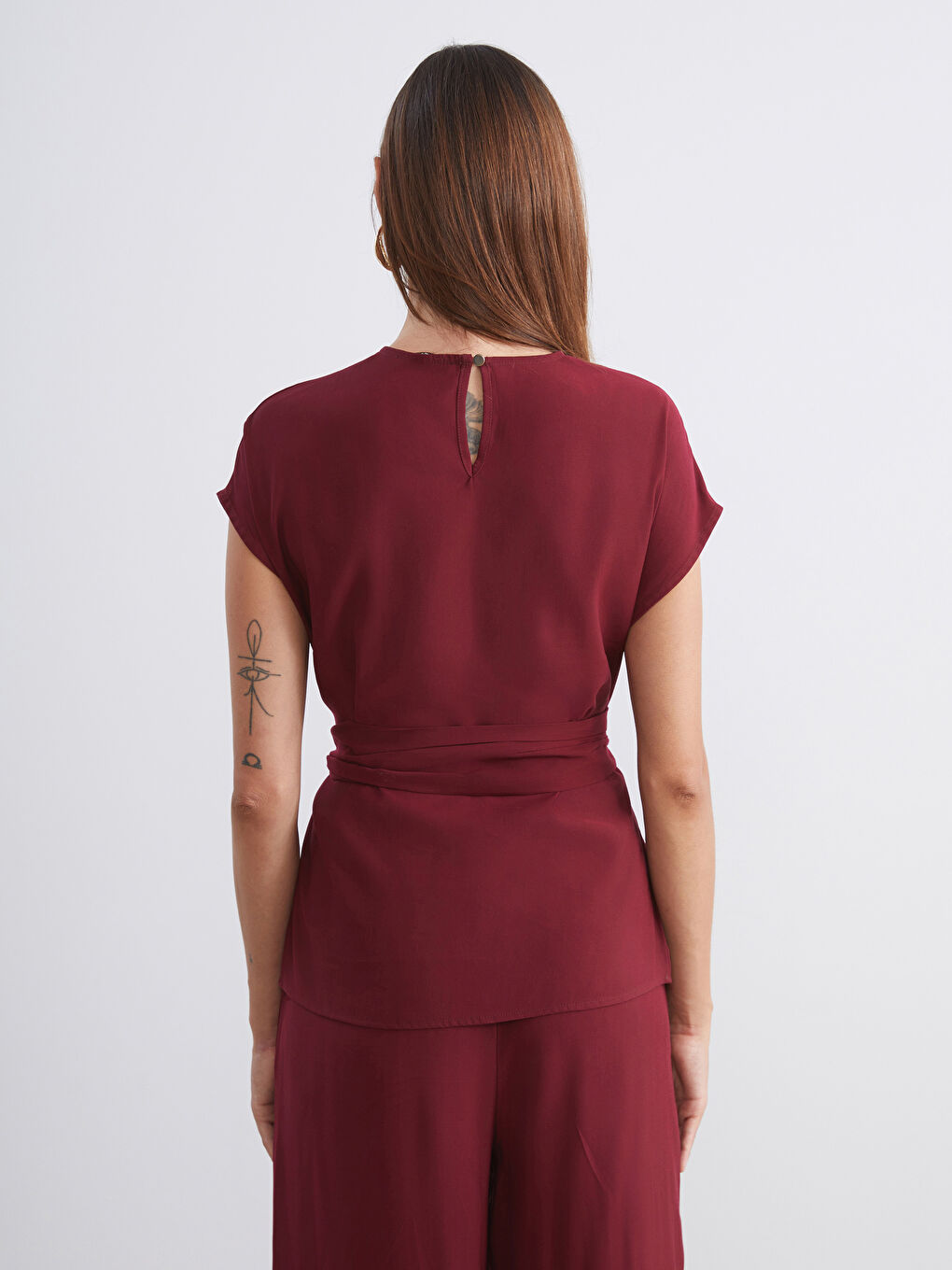 Bordo Bisiklet Yaka Kuşaklı Bluz-3