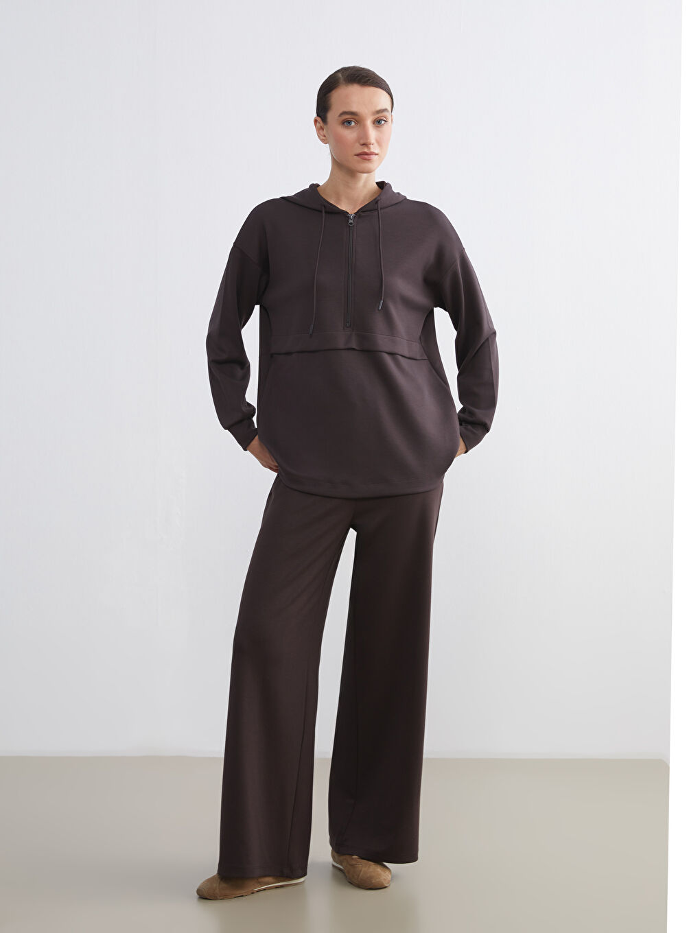 Kahverengi Loose Fit Kadın Hoodie-1