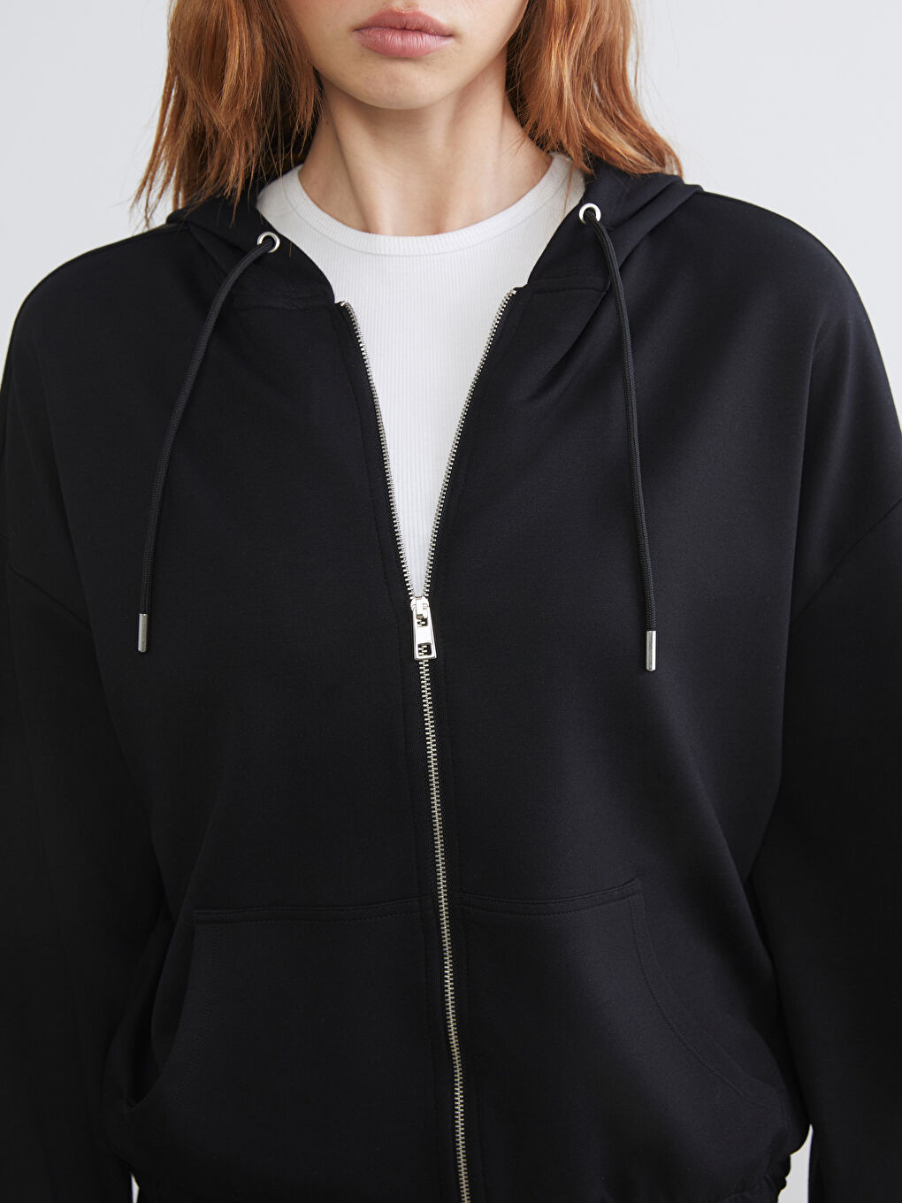 Siyah Kapüşonlu Oversize Kadın Fermuarlı Sweatshirt-2