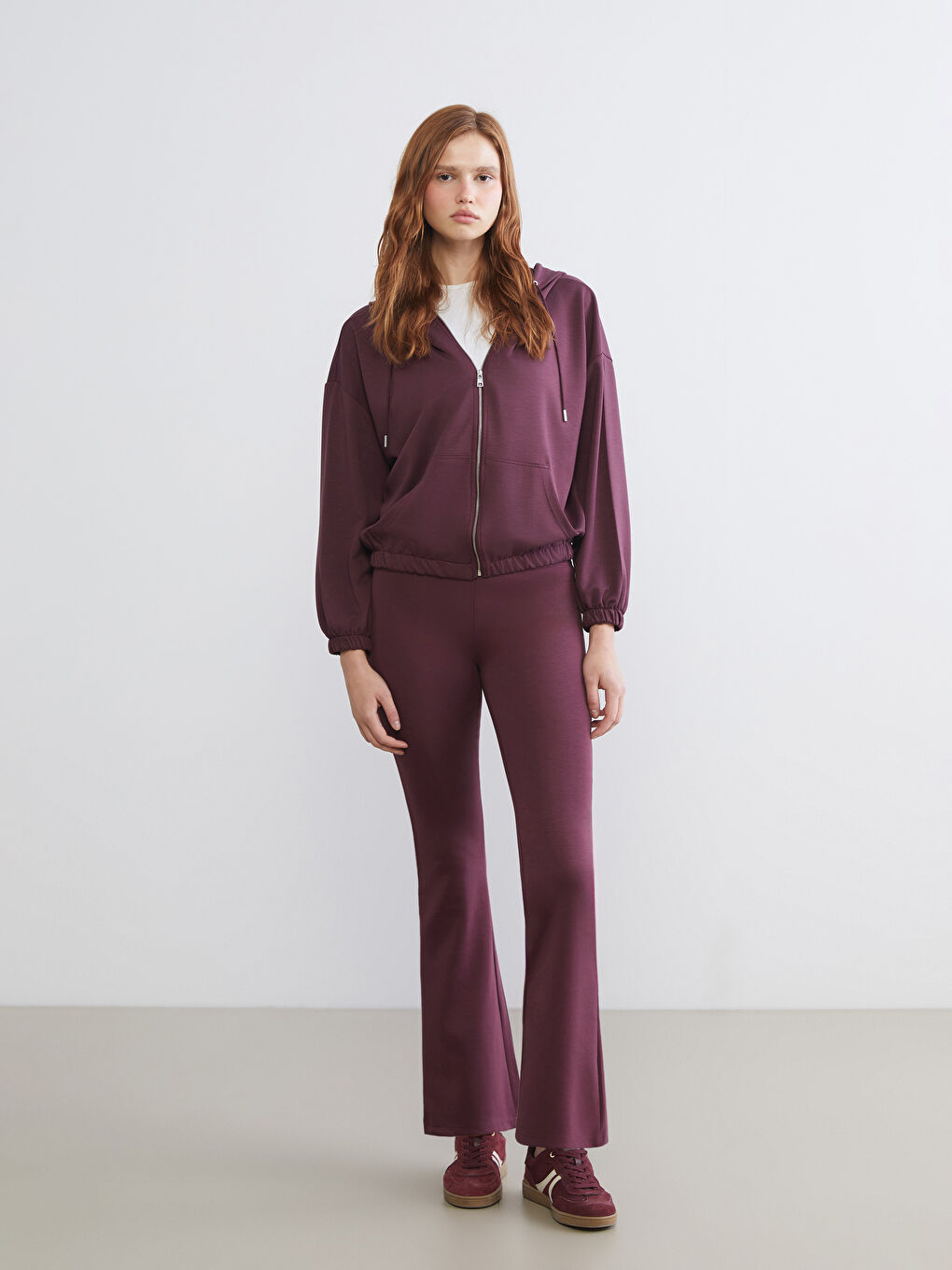 Mürdüm Kapüşonlu Oversize Kadın Fermuarlı Sweatshirt-1