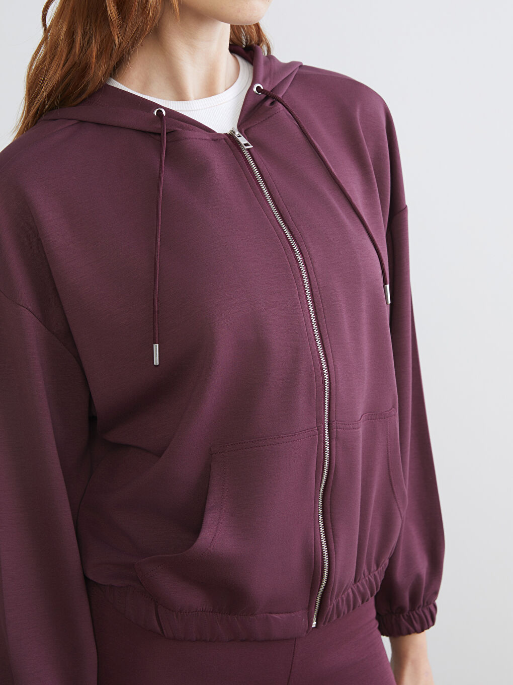 Mürdüm Kapüşonlu Oversize Kadın Fermuarlı Sweatshirt-2