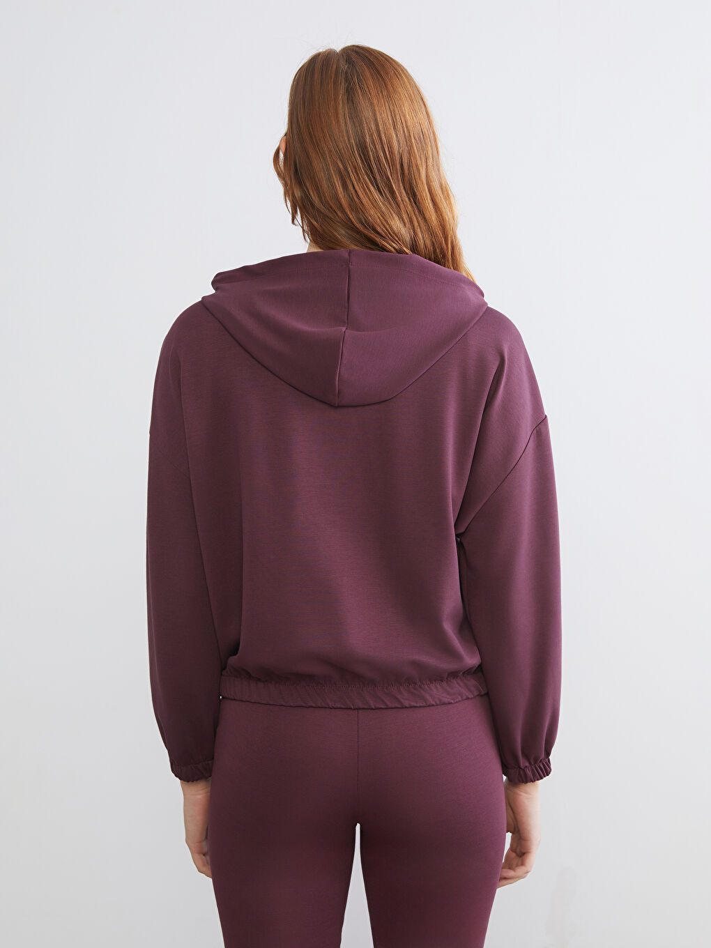 Mürdüm Kapüşonlu Oversize Kadın Fermuarlı Sweatshirt-3